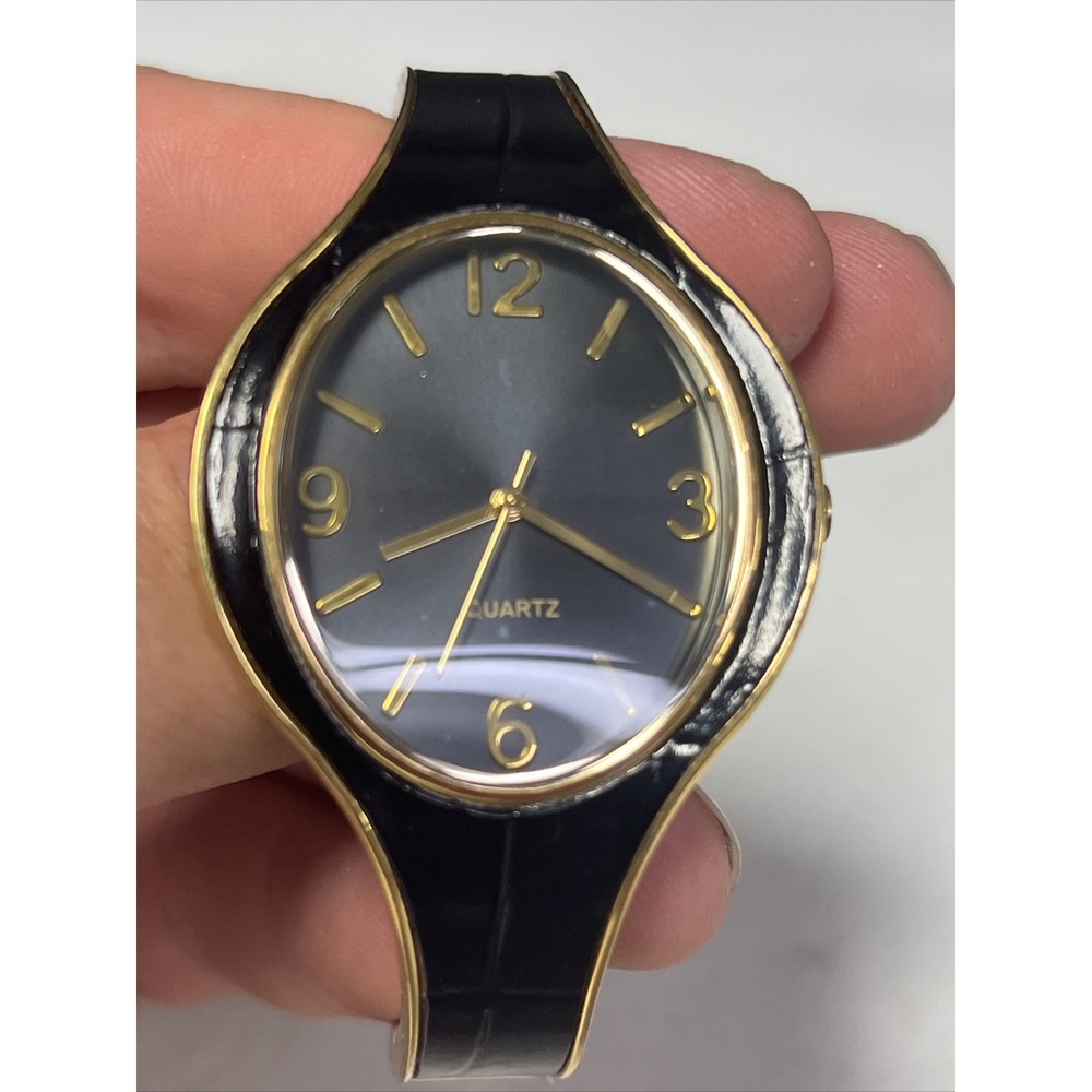 Woman's Black And Gold Tone Quartz Cuff Watch Untested